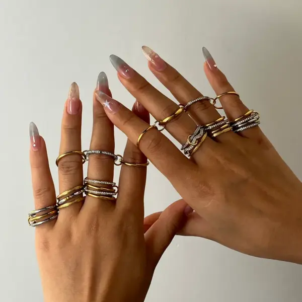304 Stainless Steel Geometric Electroplating Stone-Free 18K Real Gold Plated Casual Elegant Classical Plating Inlay Gold Steel Color Rings Wave Rings Band Rings