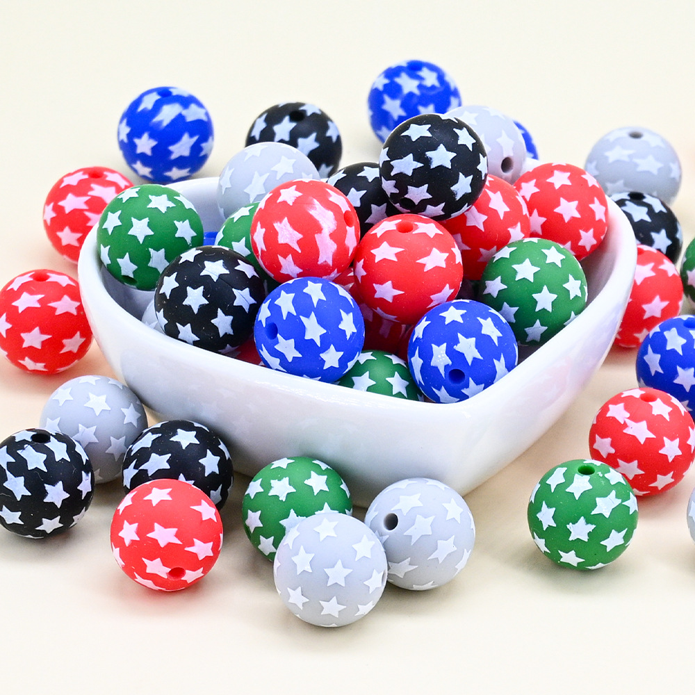 Wholesale [Hongzhou] Five-inted Star Watermark Food Grade Silicone Round Beads Baby Teether DIY Jewelry Loose Beads Ready for Sale