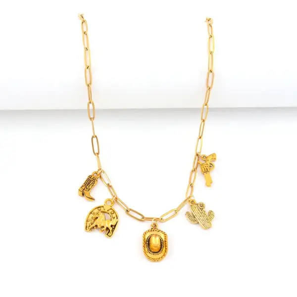 Wholesale Retro Western Cowboy Boot Gun Locket Necklace For Women Stainless Steel Cactus Horse Head Multi-Pendent Lobster Clasp Chain
