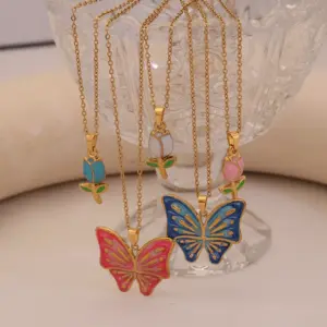 Wholesale PVD Coated Real Gold Plated Flower Butterfly 304 Stainless Steel Cute Romantic Waterproof Non Tarnish 304 Stainless Steel Lobster Trigger Clasp Closure Pendant Necklace