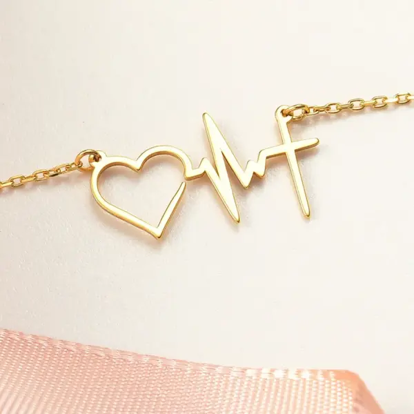 Wholesale 304 Stainless Steel Electrocardiogram Heart Shape Ion Plating (IP) 18K Real Gold Plated Elegant Waterproof Non Tarnish Cable Chain Gold Pendant Necklace