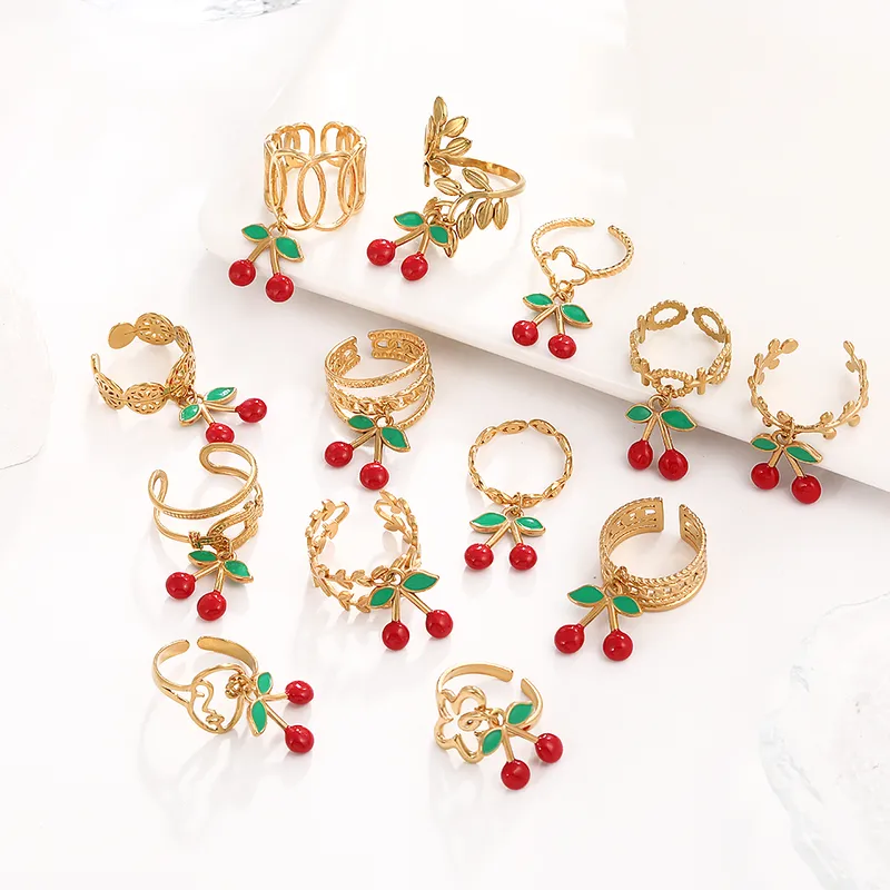 Wholesale Ion Plating (IP) 18K Gold Plated Cherry 304 Stainless Steel Elegant Cute Luxurious Waterproof Non Tarnish Open Rings