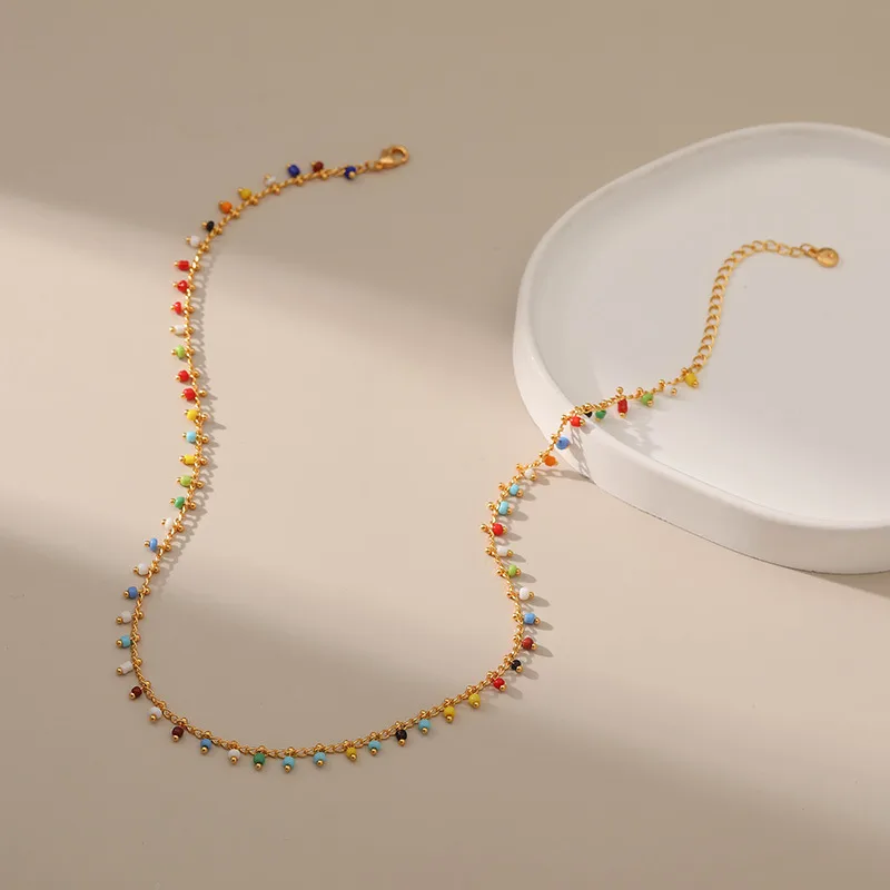 Wholesale 18k Real Gold Plated Geometric Colorful Seed Bead Copper Retro Necklace