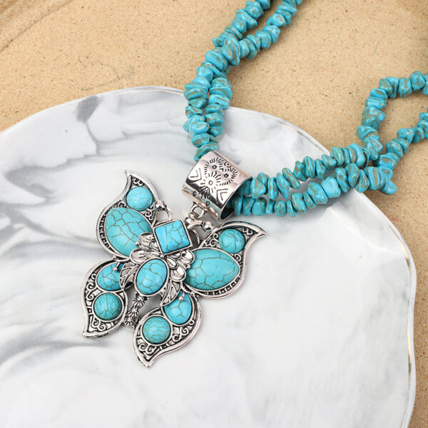 oly-0d1ef5854bd977d127da4b75dfcc0032 Wholesale European and American Jewelry Western Style Water op Flower Turquoise Double-Layer Butterfly Necklace Personalized Retro Carved Heavy Industry Necklace Jewelry