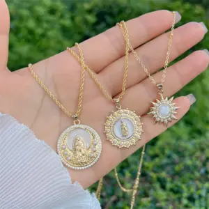 Copper 18K Gold Plated Enamel Inlay Round Virgin Mary Artificial Pearls Zircon Pendant Necklace