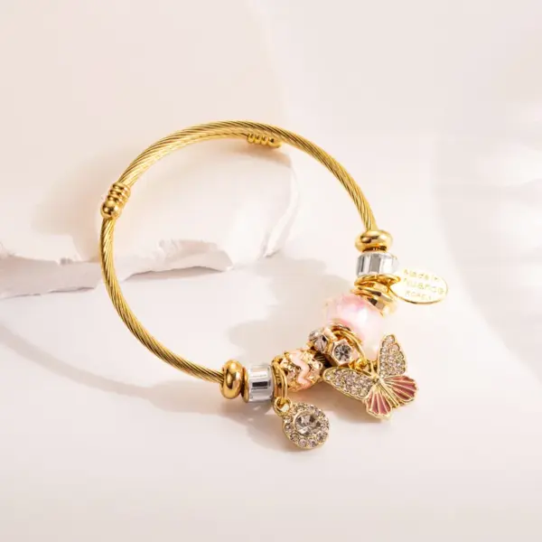 Wholesale Elegant Sweet Butterfly 304 Stainless Steel Alloy Gold Plated Rhinestones Bangle In Bulk