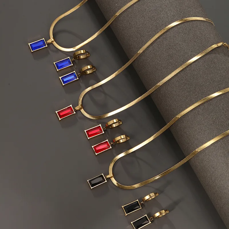 Wholesale 304 Stainless Steel 18K Gold Plated Glam Luxurious XING Plating Inlay Rectangle Artificial Gemstones Earrings Necklace