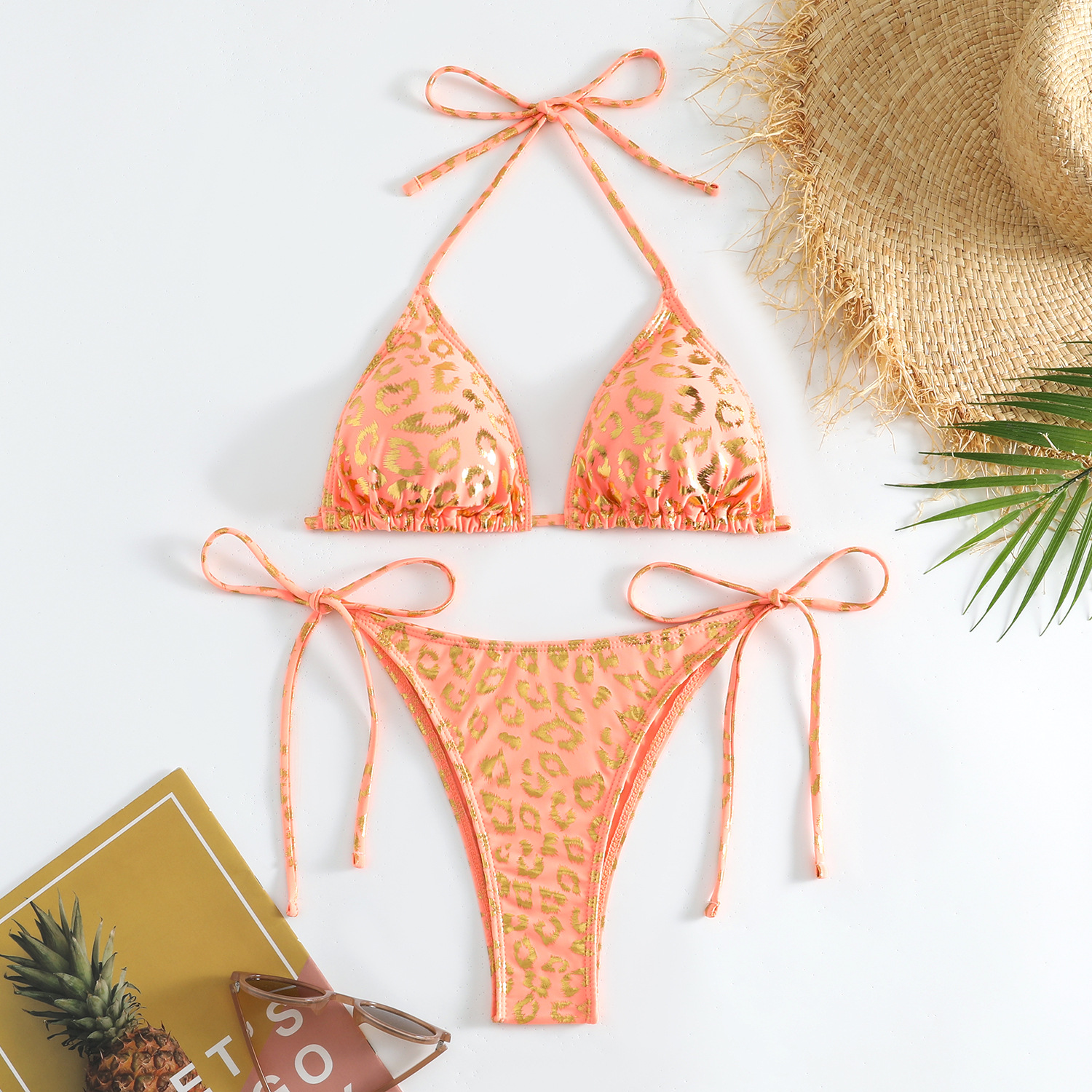 Wholesale 2023 new European and American fashion sexy leopard print bronzing swimsuit women's halter lace- hot spring beach vacation bikini
