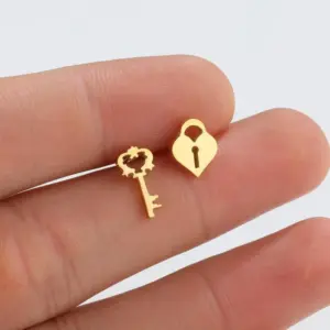 PVD Coated 18K Gold Real Gold Plated Key Lock 304 Stainless Steel Fashion Waterproof Non Tarnish Ear Studs
