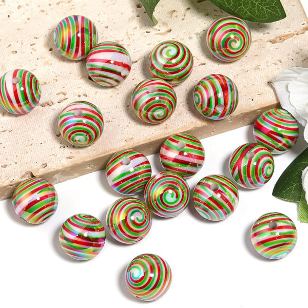 Wholesale Christmas Acrylic Round Candy Striped Spiral Printed Beads