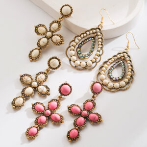 Wholesale Western style oval exaggerated cross earrings with white turquoise