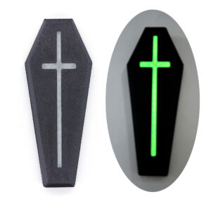 Refrigerator magnet coffin - luminous green cross