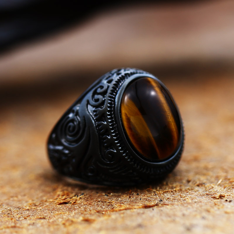 Wholesale 2024 new vintage tiger eye turquoise black carved punk men's fashion jewelry ethnic alloy ring