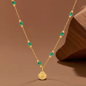 X06146-Green Pearl Shell-Necklace- Gold