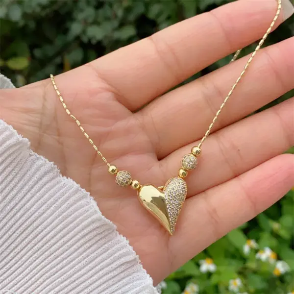 Wholesale Jewelry Retro Classic Style Heart Shape Copper Zircon 18K Gold Plated Inlay Ball Chain Twisted Rope Chain Pendant Necklace