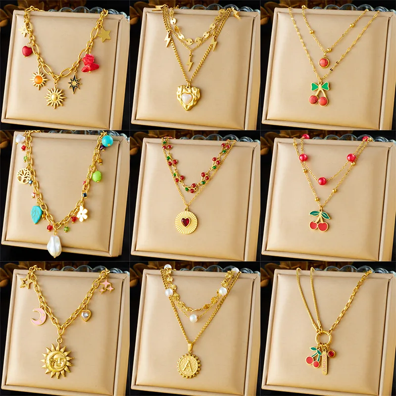 Wholesale Sun Star Heart Shape 304 Stainless Steel Elegant Layered Necklaces Multi Charms Necklace