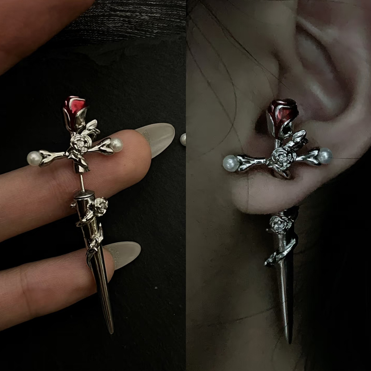 Wholesale Cross-border cross rose earrings n winding earrings piercing flower pearl earrings small sweet cool wind earrings
