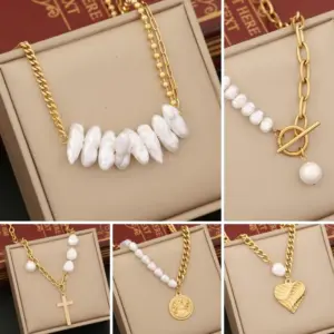 Wholesale Baroque Style Irregular Cross Heart Shape Stainless Steel Imitation Pearl Plating 18K Gold Plated Necklace