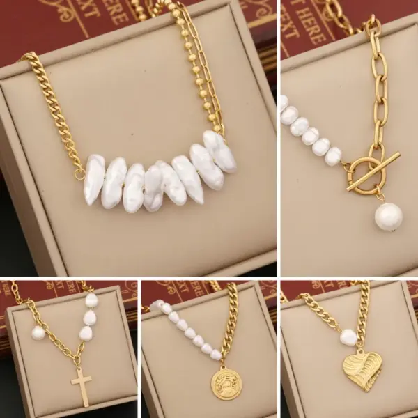Wholesale Baroque Style Irregular Cross Heart Shape Stainless Steel Imitation Pearl Plating 18K Gold Plated Necklace