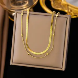【H211】Blade round Beads Necklace / Gold