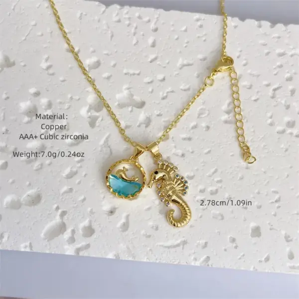 Wholesale Jewelry Retro Classic Style Hippocampus Mermaid Shell Copper Pearl Zircon 18K Gold Plated Inlay Pendant Necklace
