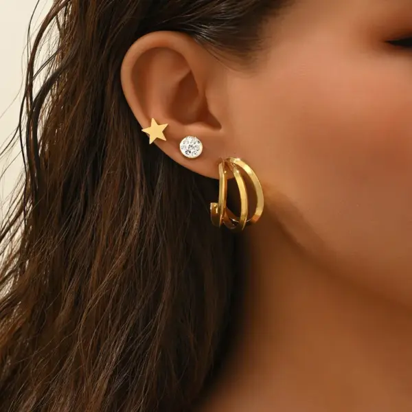 Three Pairs Fashion 304 Stainless Steel 18K Gold Plated Diamond Inlaid Asymmetric Star Circle Earrings Set For Women