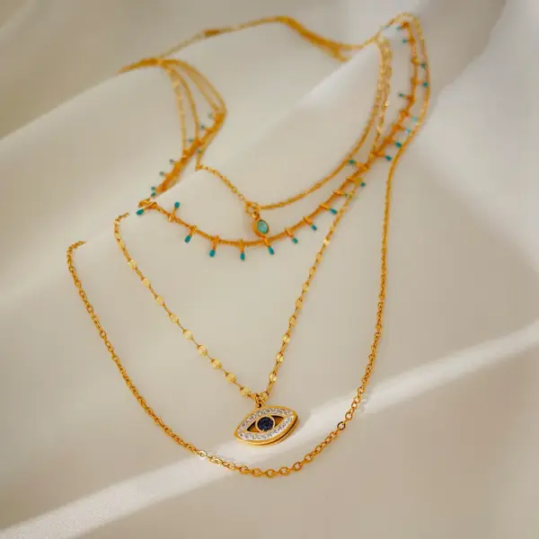 Wholesale Fashion Geometric Eye Titanium Steel Layered Rhinestones Necklace