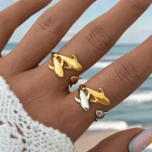 Wholesale PVD Coated Real Gold Plated 18K Gold Dolphin Fish 304 Stainless Steel Hawaiian Vacation Beach Waterproof Non Tarnish Open Rings