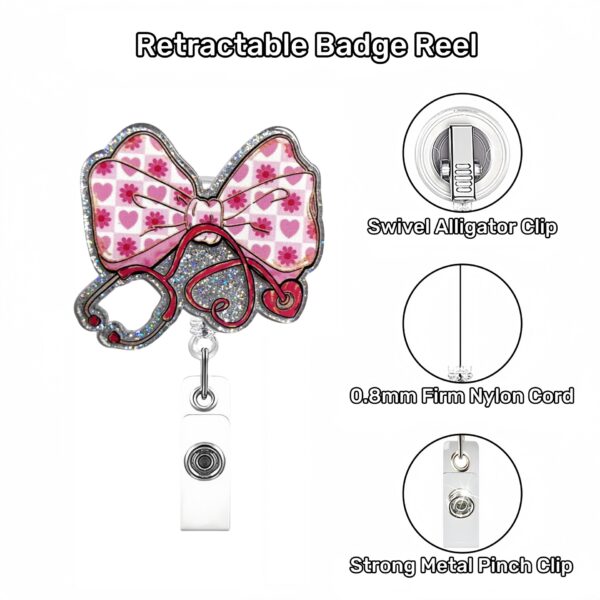 Wholesale Cross-border new glitter acrylic bow stethoscope telescopic easy-pull buckle creative medical nurse badge clip