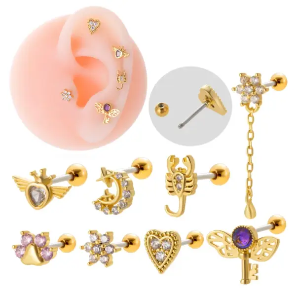 Wholesale 1 Piece 316L Stainless Steel Copper Zircon Ear Cartilage Rings & Studs Heart Shape Wings Flower Waterproof Non Tarnish Surgical Steel Women's