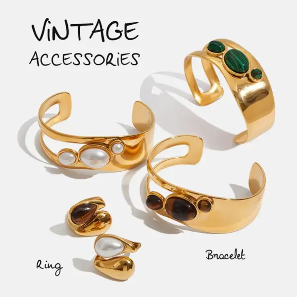 Real Gold Plated 304 Stainless Steel Ion Plating (IP) Pearl Tiger Eye Geometric Waterproof Non Tarnish Simple Style Open Rings For Women's