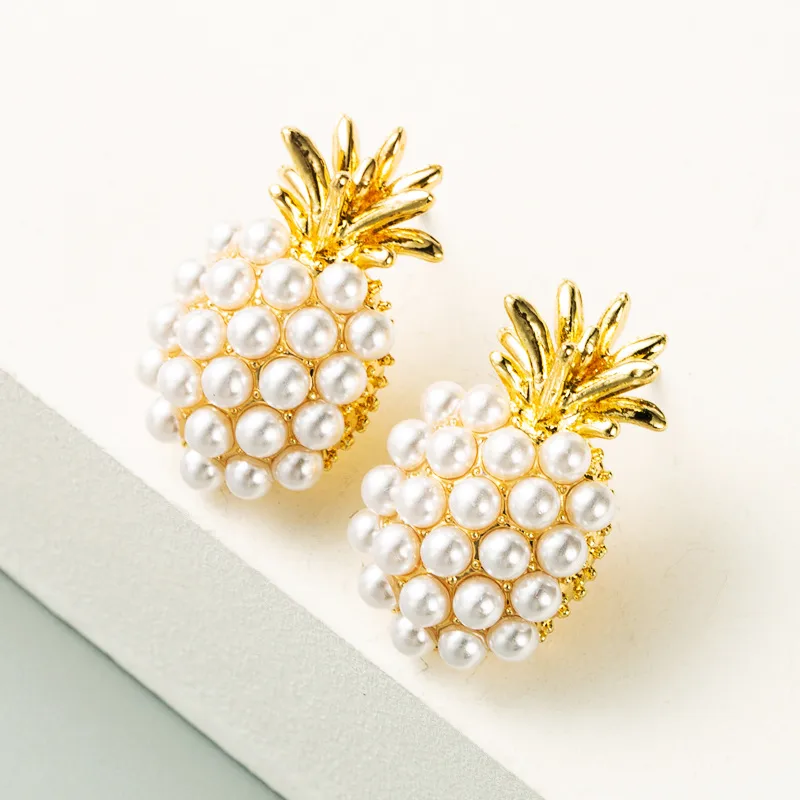 Wholesale Pineapple Inlaid Pearls Alloy Artificial Gemstones Stud Earrings