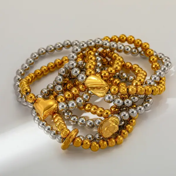 Wholesale Luxurious Double Layer Heart Shaped Pendant Beaded Bracelet 18K Gold Plated Stainless Steel Elastic Line For Women Casual Classic Style