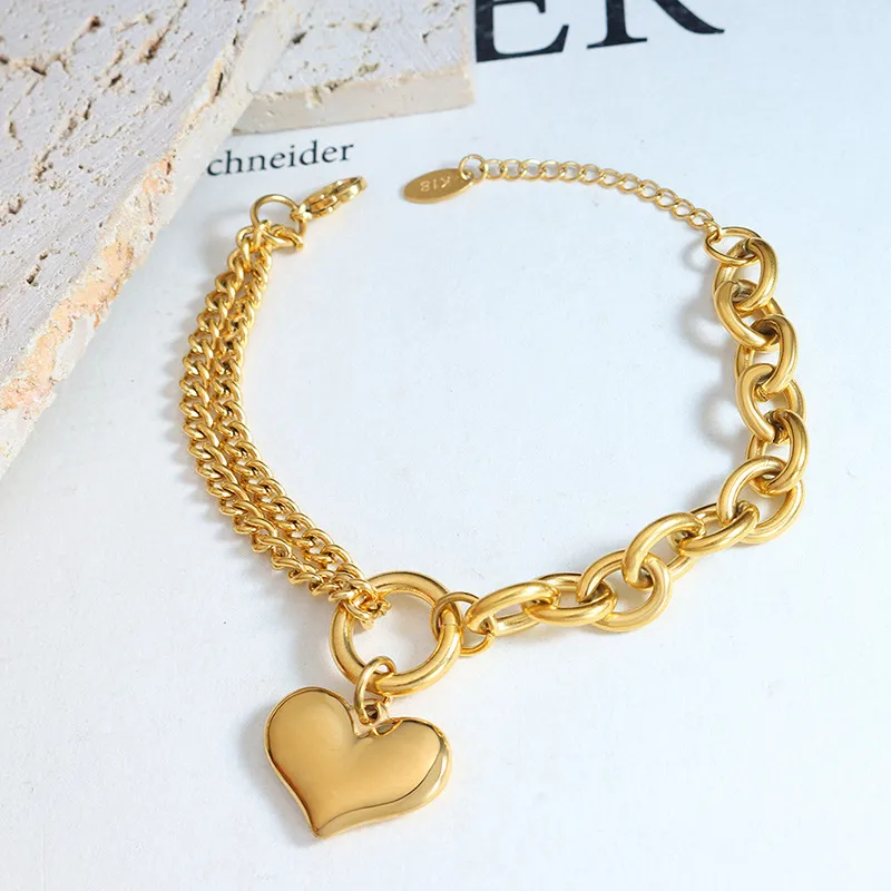 Wholesale PVD Coated Real Gold Plated 18K Gold Heart Shape Titanium Steel Fashion Waterproof Non Tarnish 304 Stainless Steel Bracelets