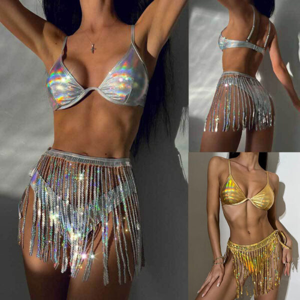 Wholesale Cross-Border European and American Three-Point Split Swimsuit for Women Sequined Tassel Bikini Hot Girl Three-Piece Swimsuit Manufacturer