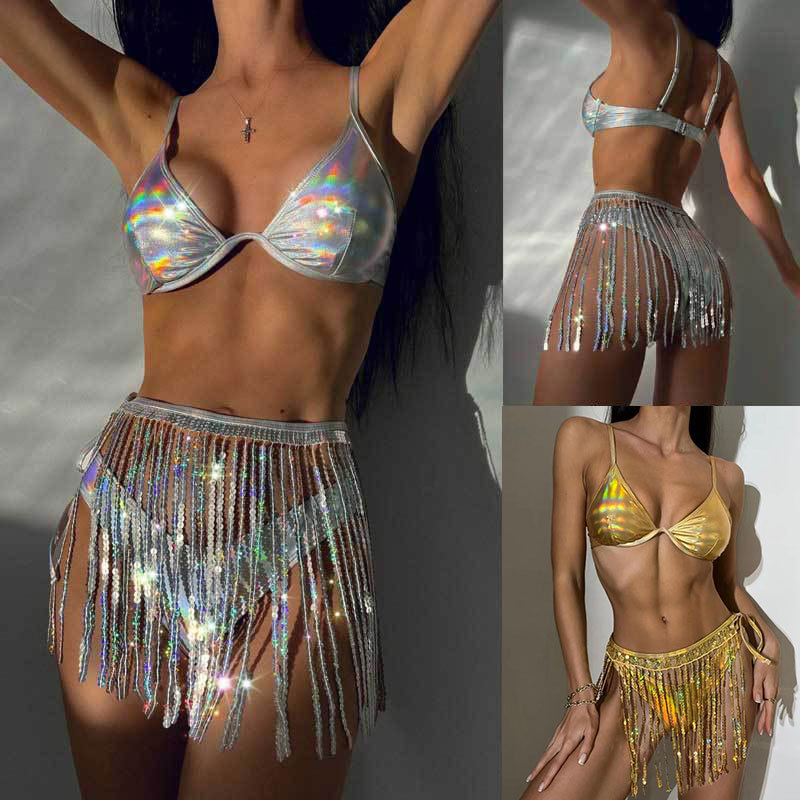 Wholesale Cross-Border European and American Three-int Split Swimsuit for Women Sequined Tassel Bikini Hot Girl Three-Piece Swimsuit Manufacturer