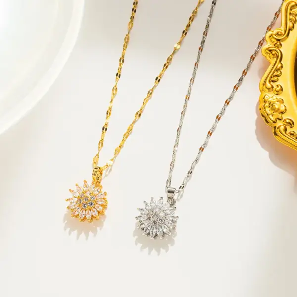 Wholesale Titanium Steel Copper Simple Style Flower Inlay Rhinestones Pendant Necklace