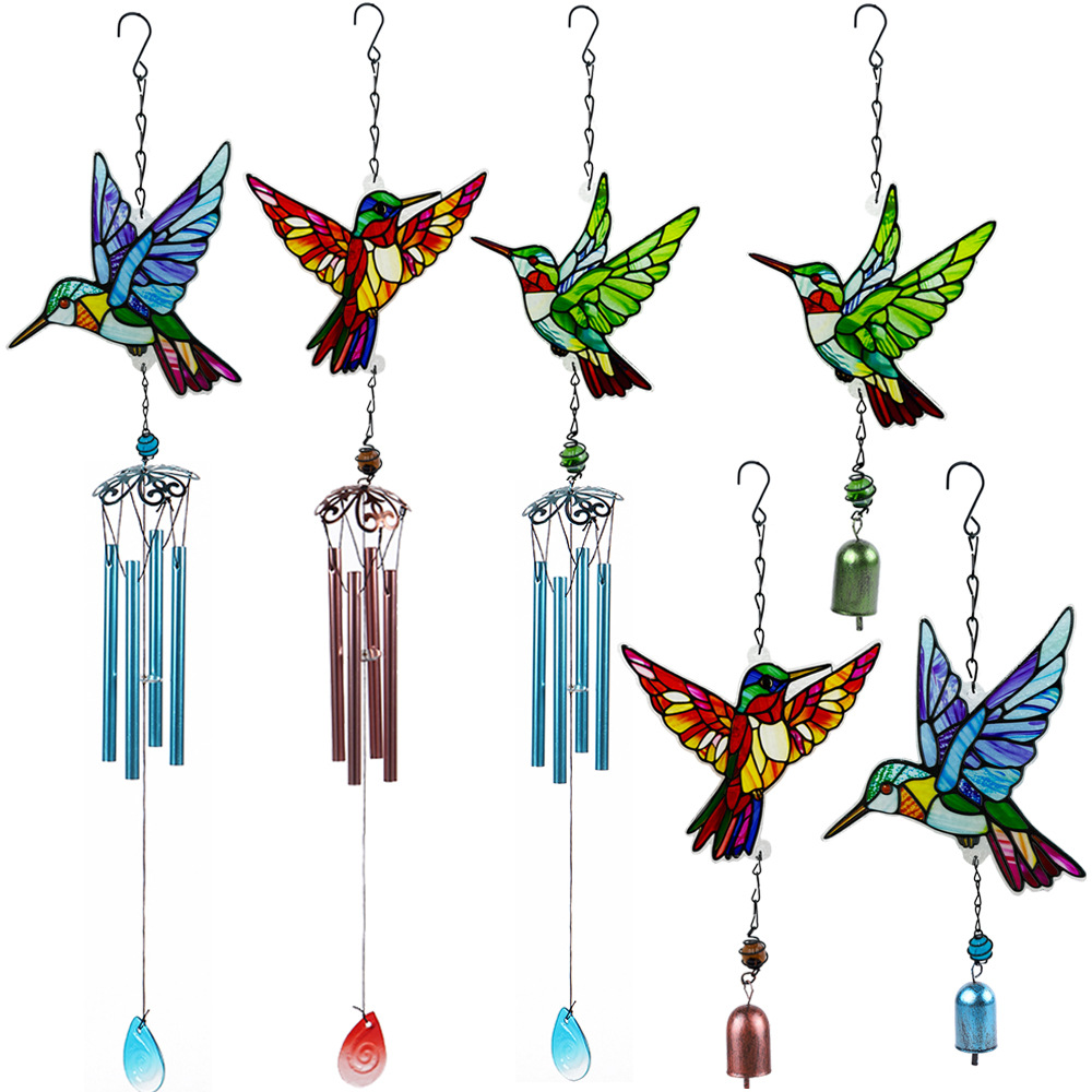 Wholesale New cross-border product: Glass hummingbird wind chime, diamond glass craft ornament, creative garden courtyard bell pendant.