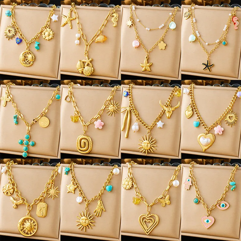 Wholesale Jewelry Retro Classic Style Sun Heart Shape Flower 304 Stainless Steel Plating Pendant Necklace Cable Chain