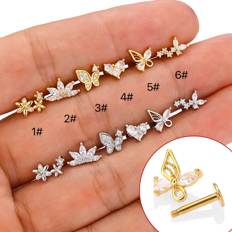 Wholesale 1 Piece Lip Rings Simple Style Heart Shape Flower Butterfly 316L Stainless Steel Waterproof Non Tarnish Surgical Steel Zircon Ion Plating (I