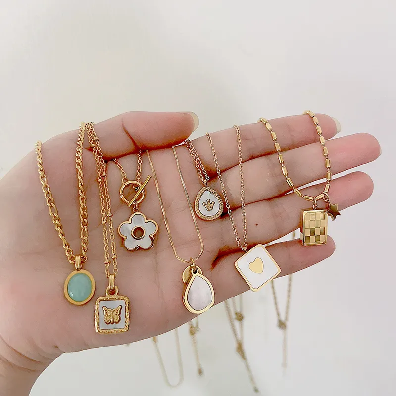 Fashion Square Water oplets Flower Stainless Steel Titanium Steel Plating Inlay Shell Pendant Necklace 1 Piece