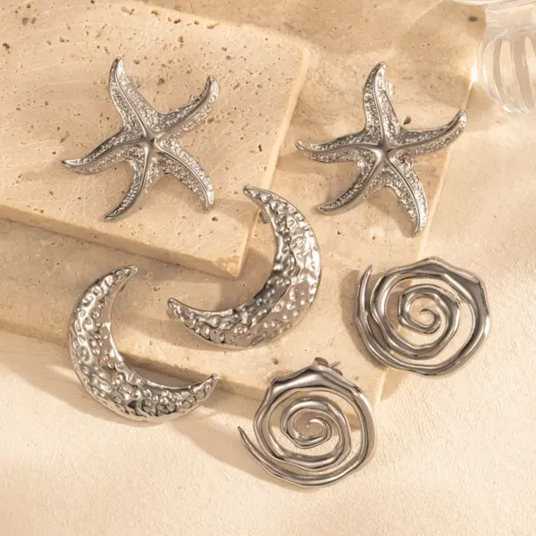 Wholesale 1 Pair IG Style French Style Moon Starfish 304 Stainless Steel Ear Studs