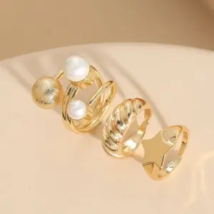 Wholesale Elegant Luxurious Classic Style Geometric Star Copper Plating Inlay Artificial Pearls 14k Gold Plated Open Ring