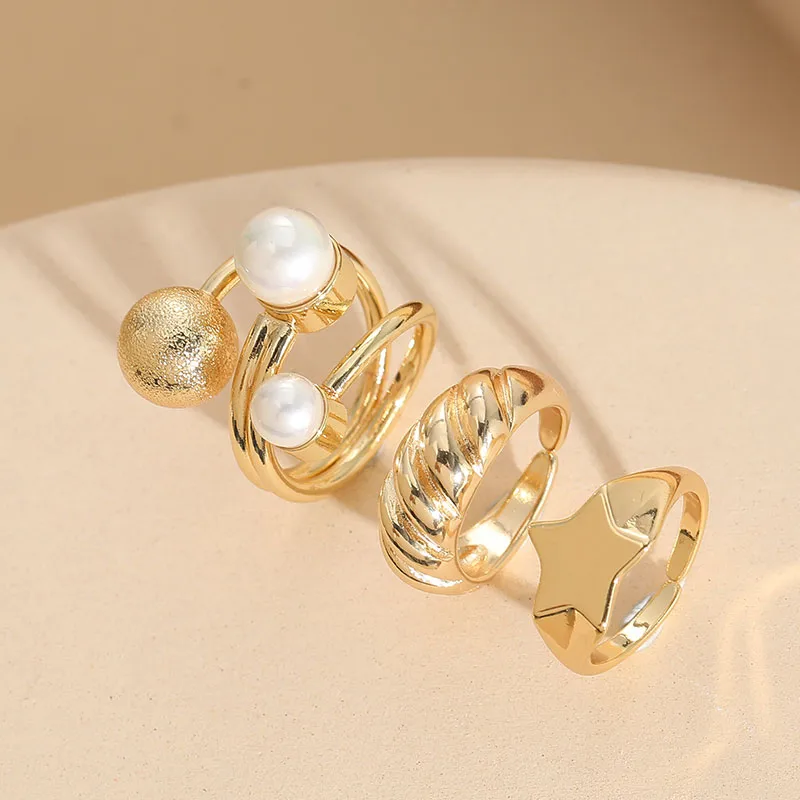 Wholesale Elegant Luxurious Classic Style Geometric Star Copper Plating Inlay Artificial Pearls 14k Gold Plated Open Ring