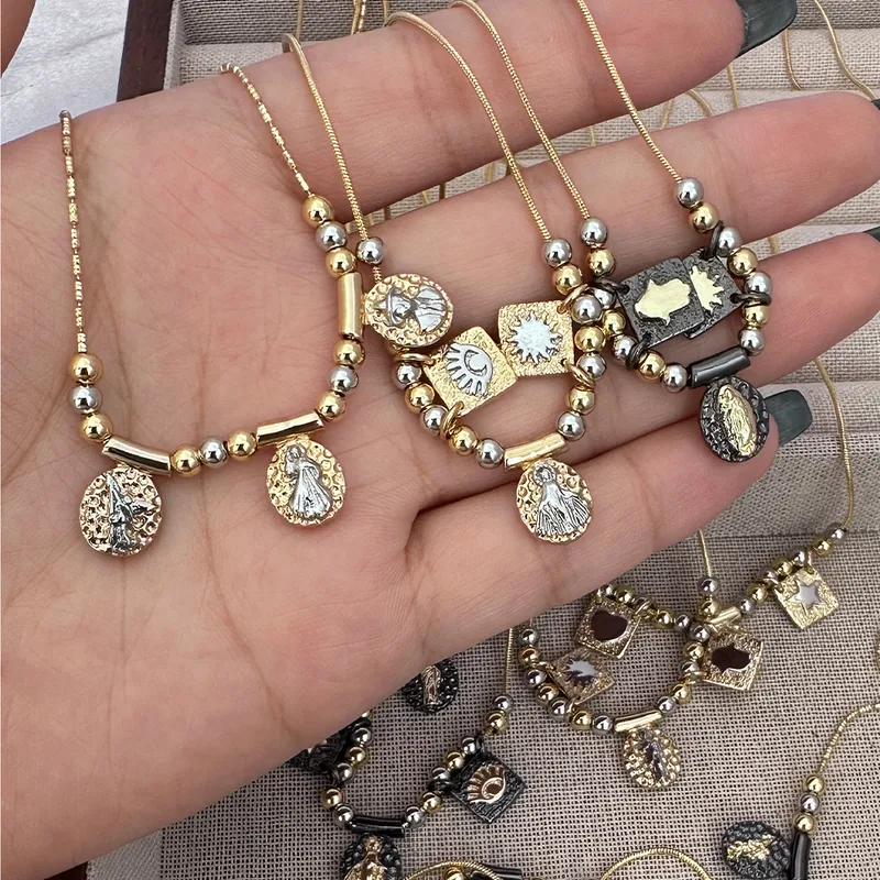 Wholesale Copper 18K Gold Plated Pleated Stoving Varnish Plating Virgin Mary Star Moon Pendant Necklace