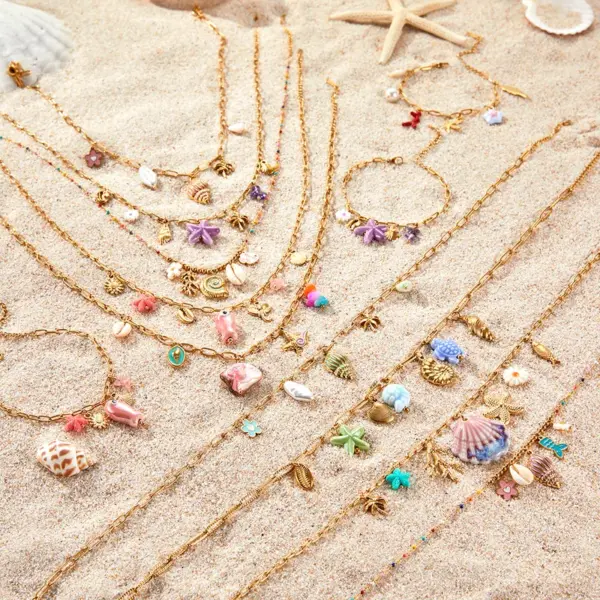 Wholesale PVD Coated Real Gold Plated Starfish Conch Coral 304 Stainless Steel Vacation Marine Style Waterproof Non Tarnish Jewelry Set