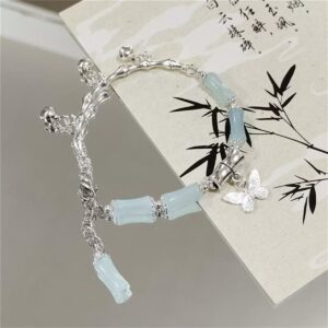 Blue and pink bamboo butterfly bell bracelet