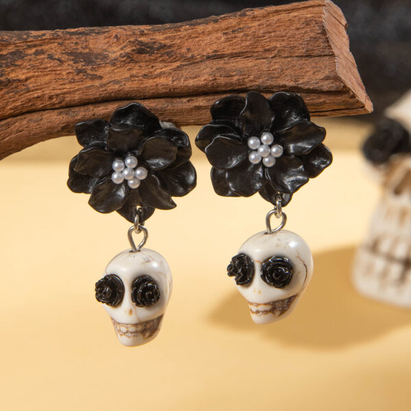 Wholesale European and American Cross-border Dark Skull Black Camellia Earrings Halloween Funny Fun Earrings Earrings Women