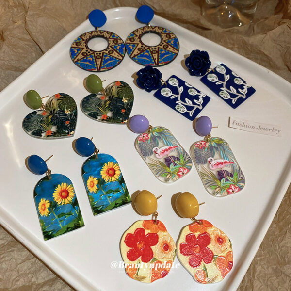 Wholesale Silver Needle French Oil Painting Sunflower Earrings Creative Design Flamingo Earrings Cross-border Aesthetic Artistic Style Earrings