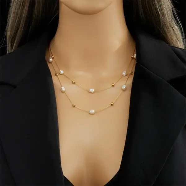 304 Stainless Steel Imitation Pearl Solid Color PVD Coated 18K Gold Plated Baroque Style Beaded Plating Layered Necklaces